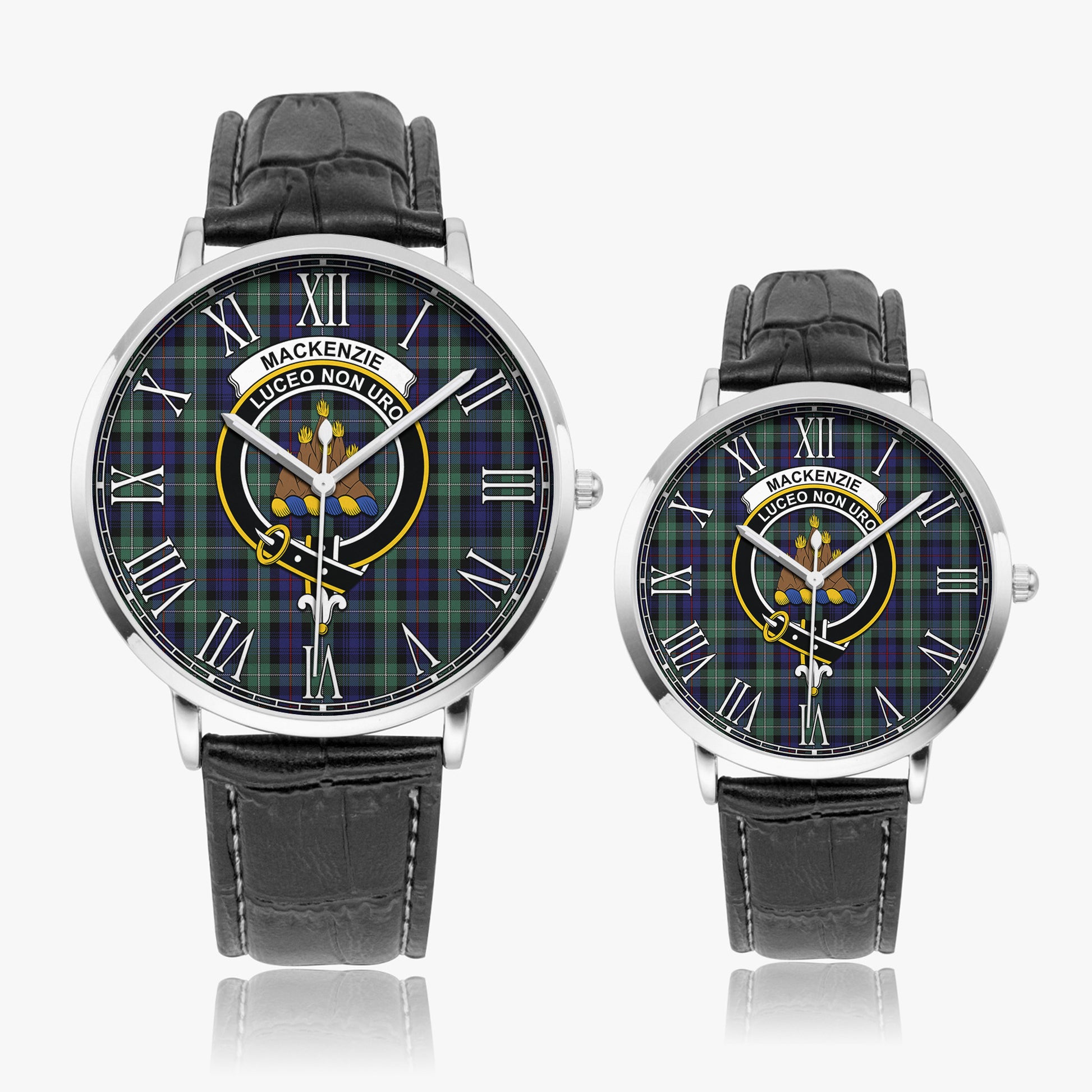 MacKenzie Hunting Green Tartan Family Crest Leather Strap Quartz Watch - Tartanvibesclothing