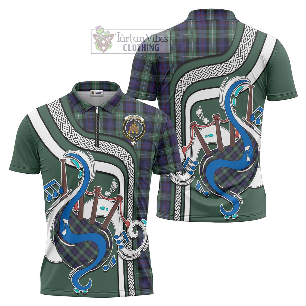 Mackenzie Hunting Green Tartan Zipper Polo Shirt with Epic Bagpipe Style Unisex - Tartanvibesclothing Shop