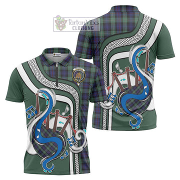 Mackenzie Hunting Green Tartan Zipper Polo Shirt with Epic Bagpipe Style