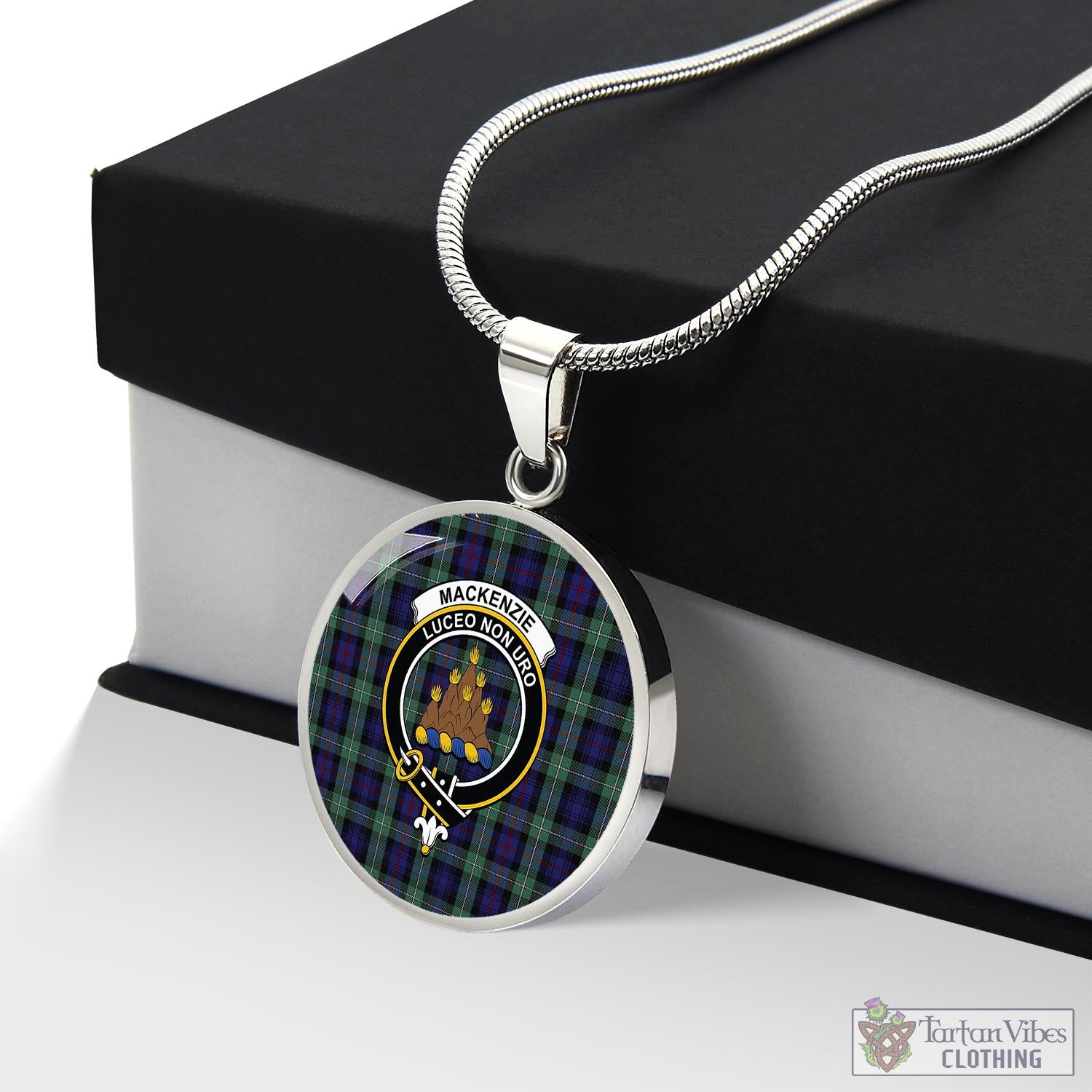 Tartan Vibes Clothing MacKenzie Hunting Green Tartan Circle Necklace with Family Crest