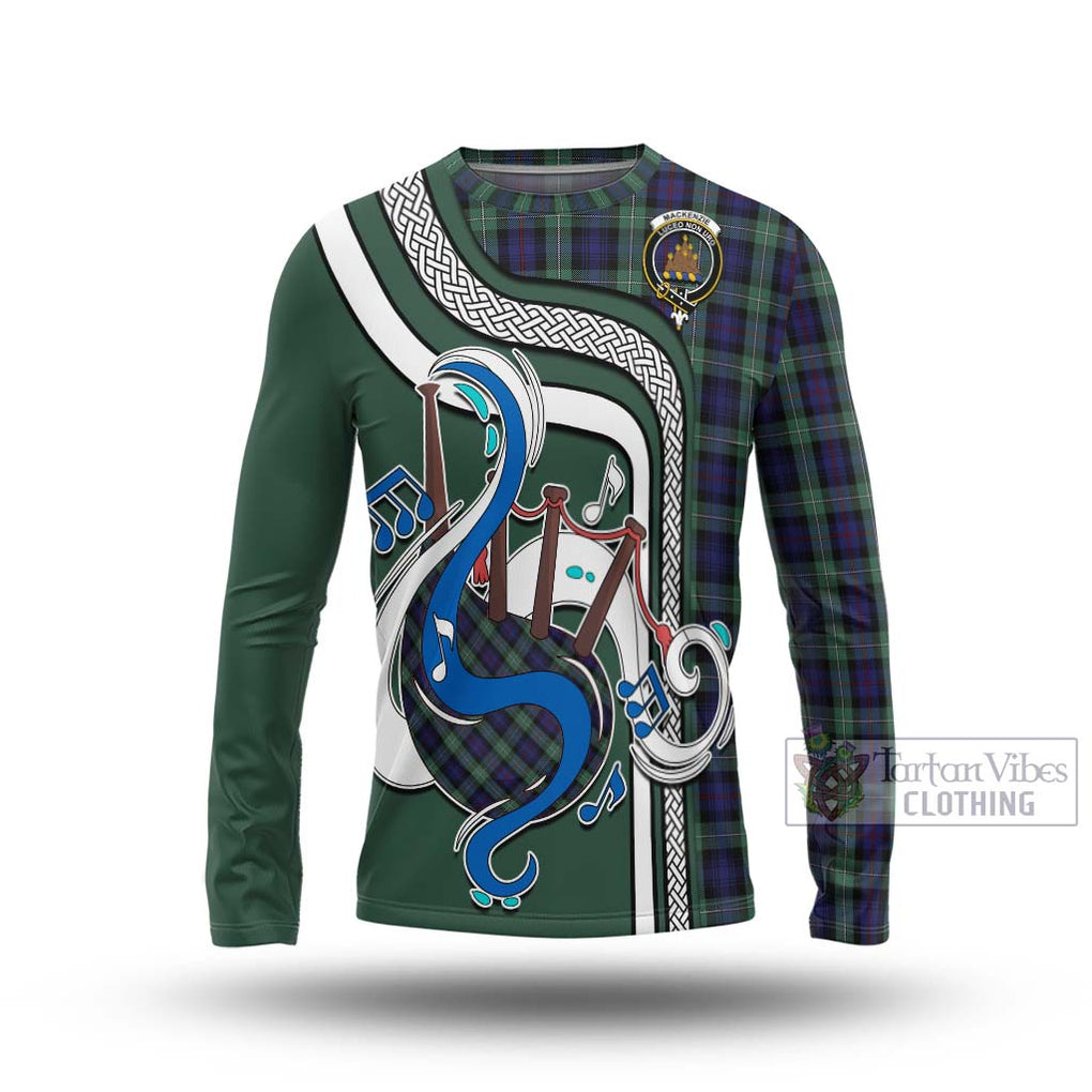 Tartan Vibes Clothing Mackenzie Hunting Green Tartan Long Sleeve T-Shirt with Epic Bagpipe Style