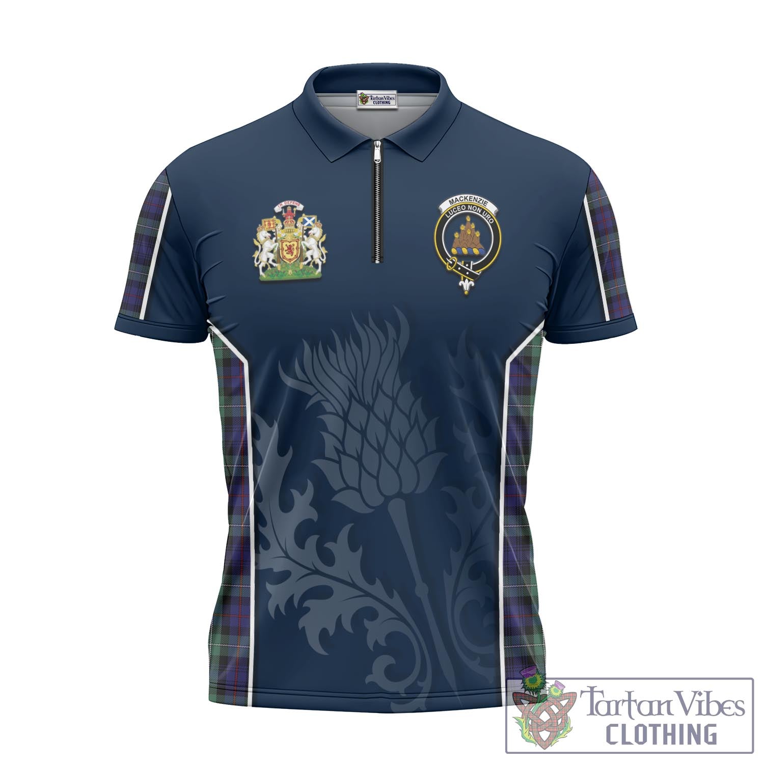 Tartan Vibes Clothing MacKenzie Hunting Green Tartan Zipper Polo Shirt with Family Crest and Scottish Thistle Vibes Sport Style