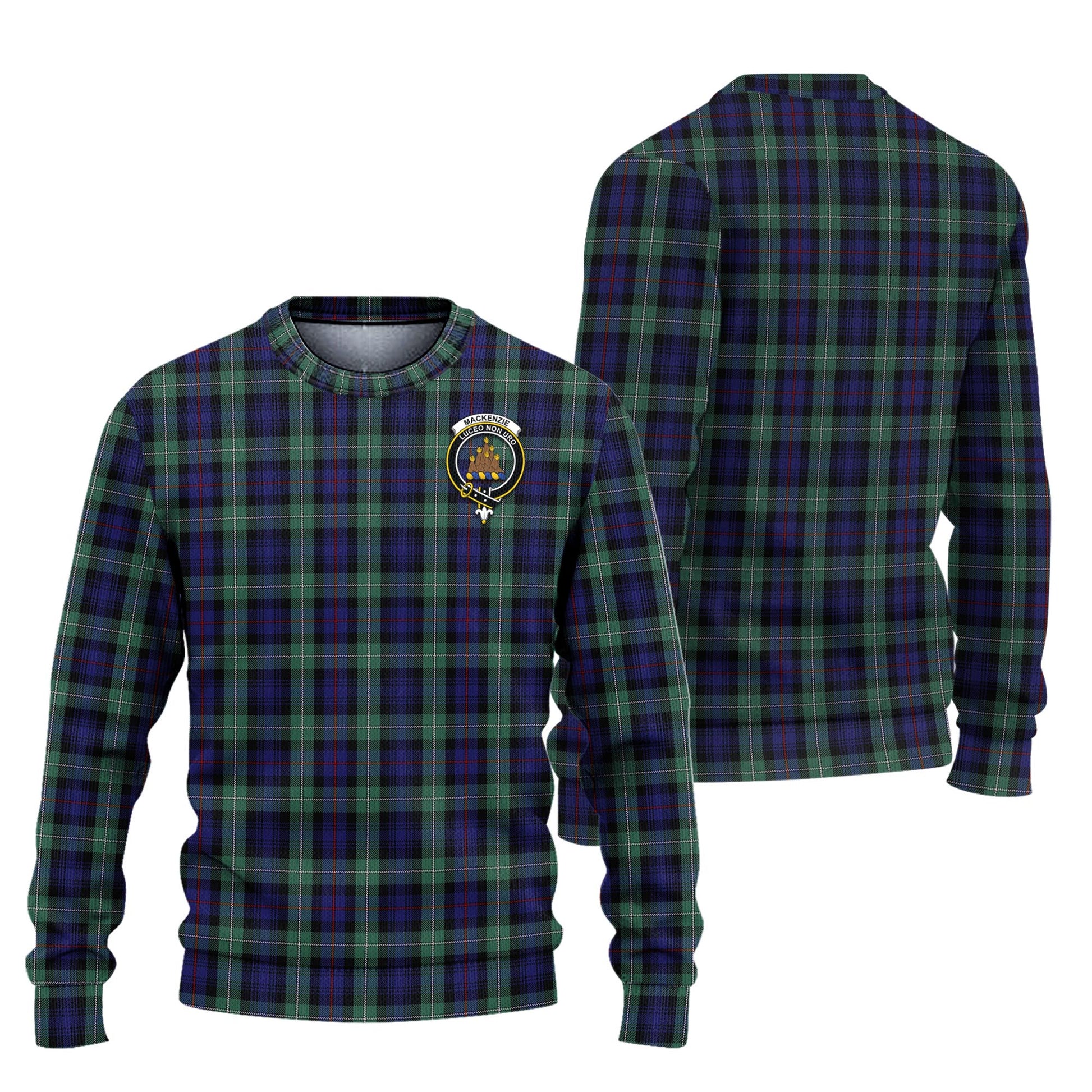 MacKenzie Hunting Green Tartan Knitted Sweater with Family Crest Unisex - Tartanvibesclothing