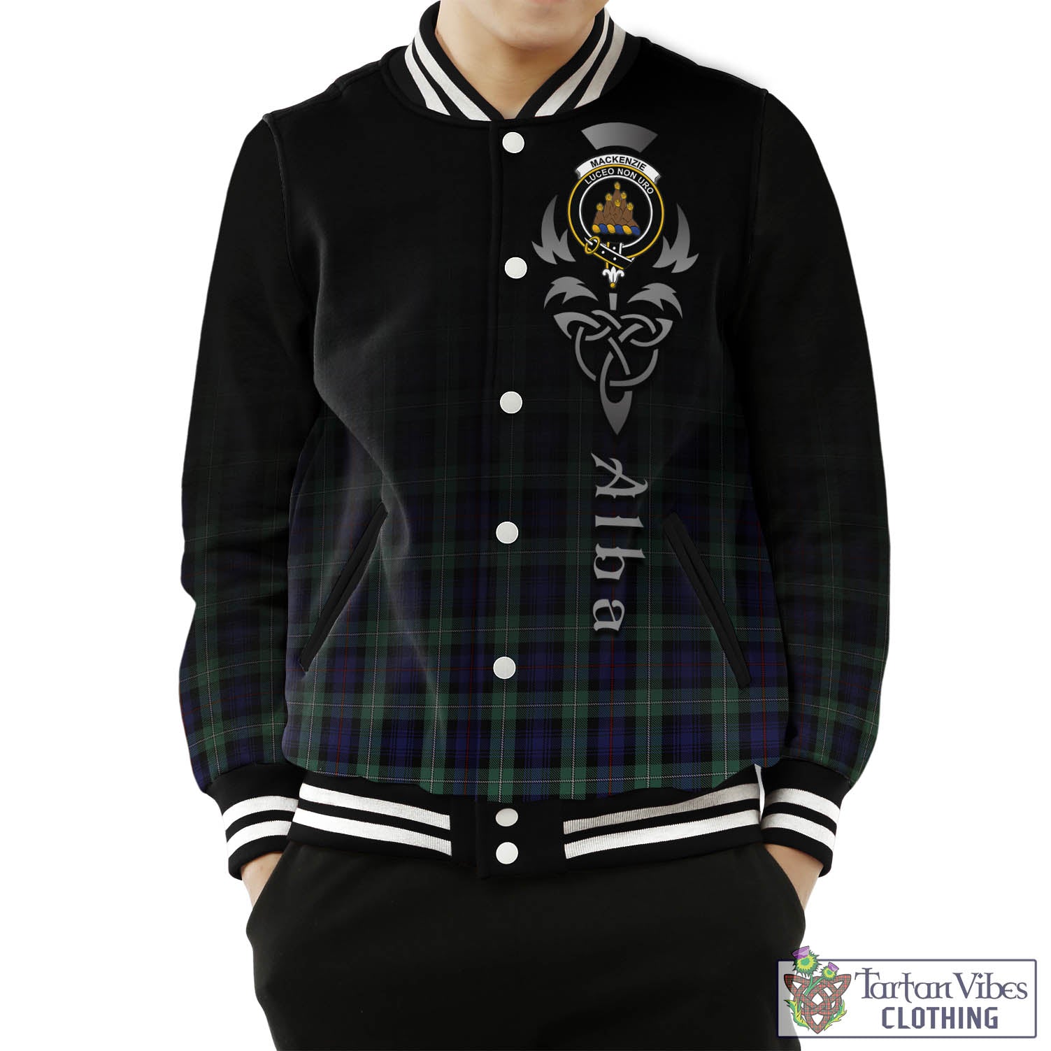 Tartan Vibes Clothing MacKenzie Hunting Green Tartan Baseball Jacket Featuring Alba Gu Brath Family Crest Celtic Inspired