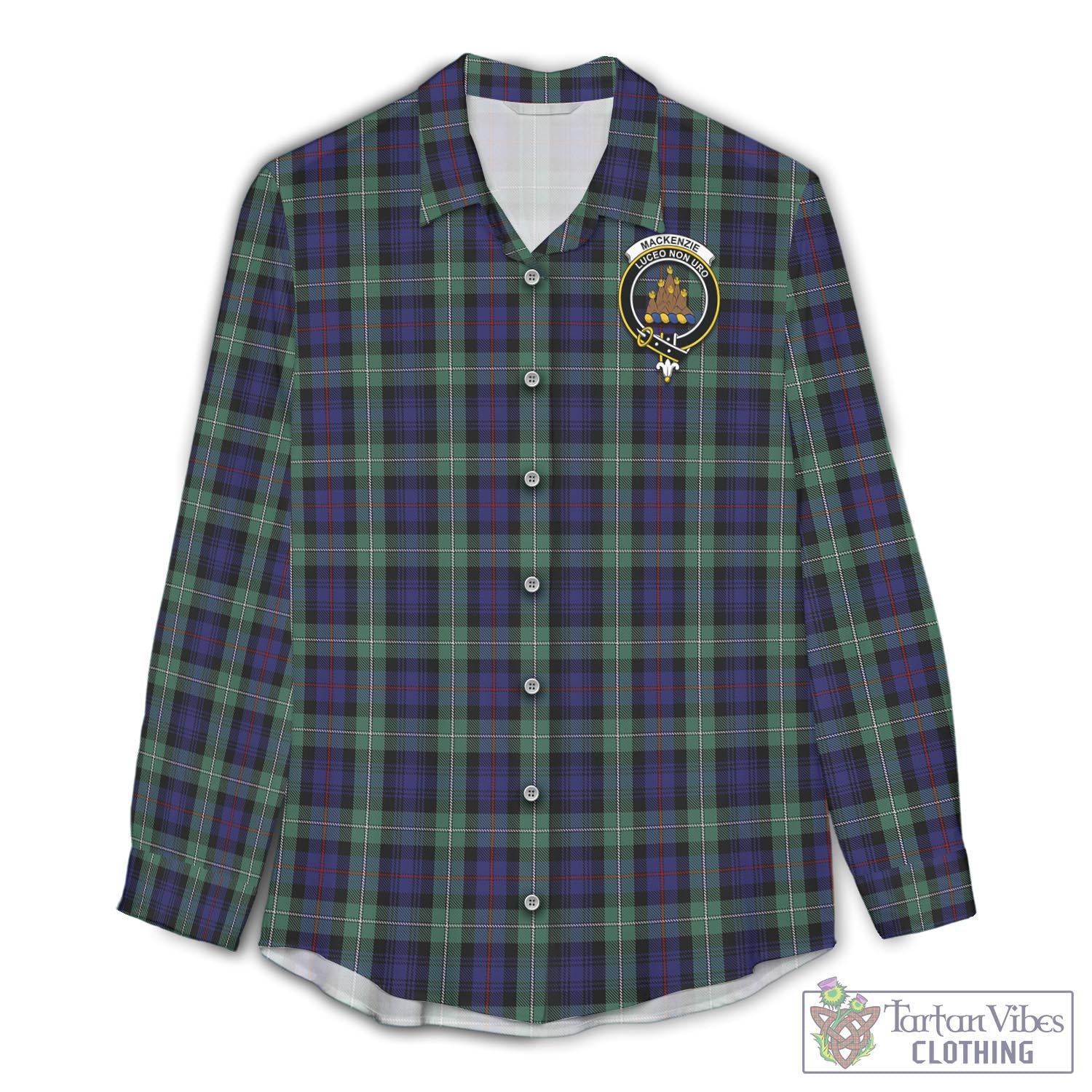 Tartan Vibes Clothing MacKenzie Hunting Green Tartan Womens Casual Shirt with Family Crest