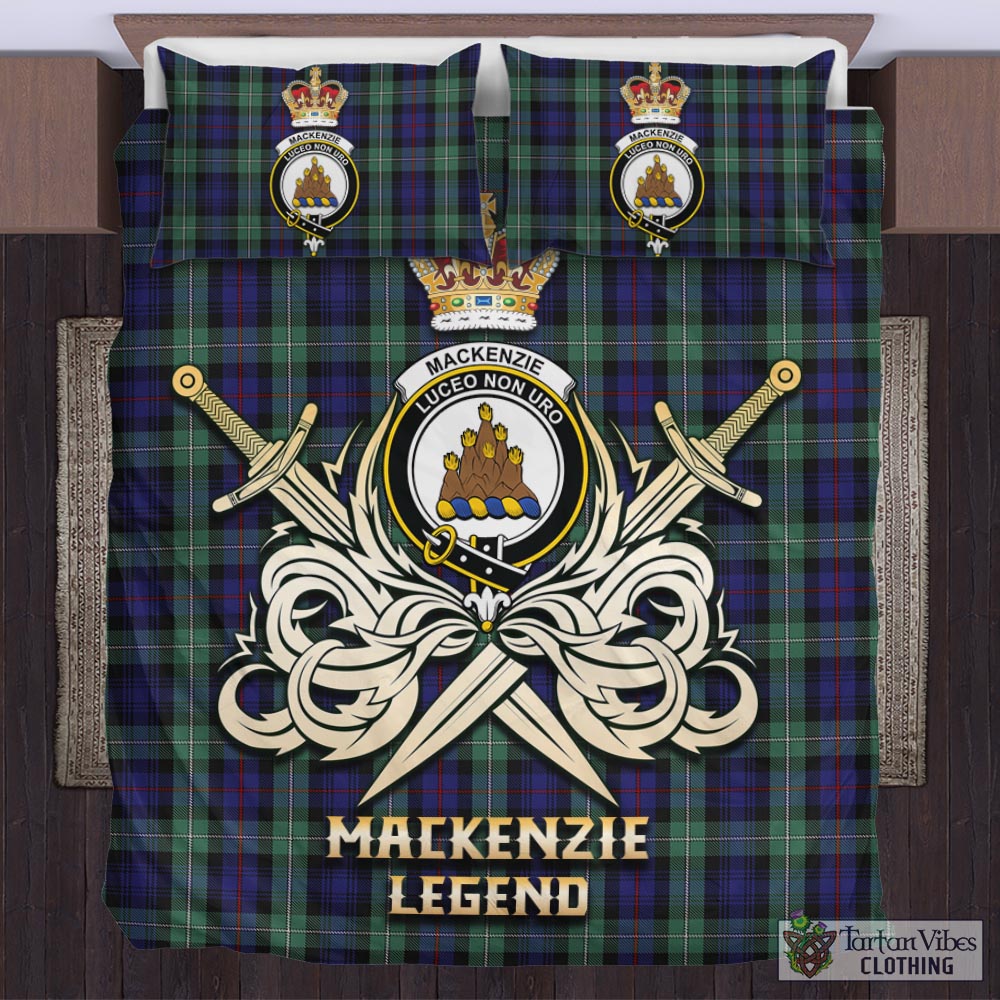 Tartan Vibes Clothing MacKenzie Hunting Green Tartan Bedding Set with Clan Crest and the Golden Sword of Courageous Legacy