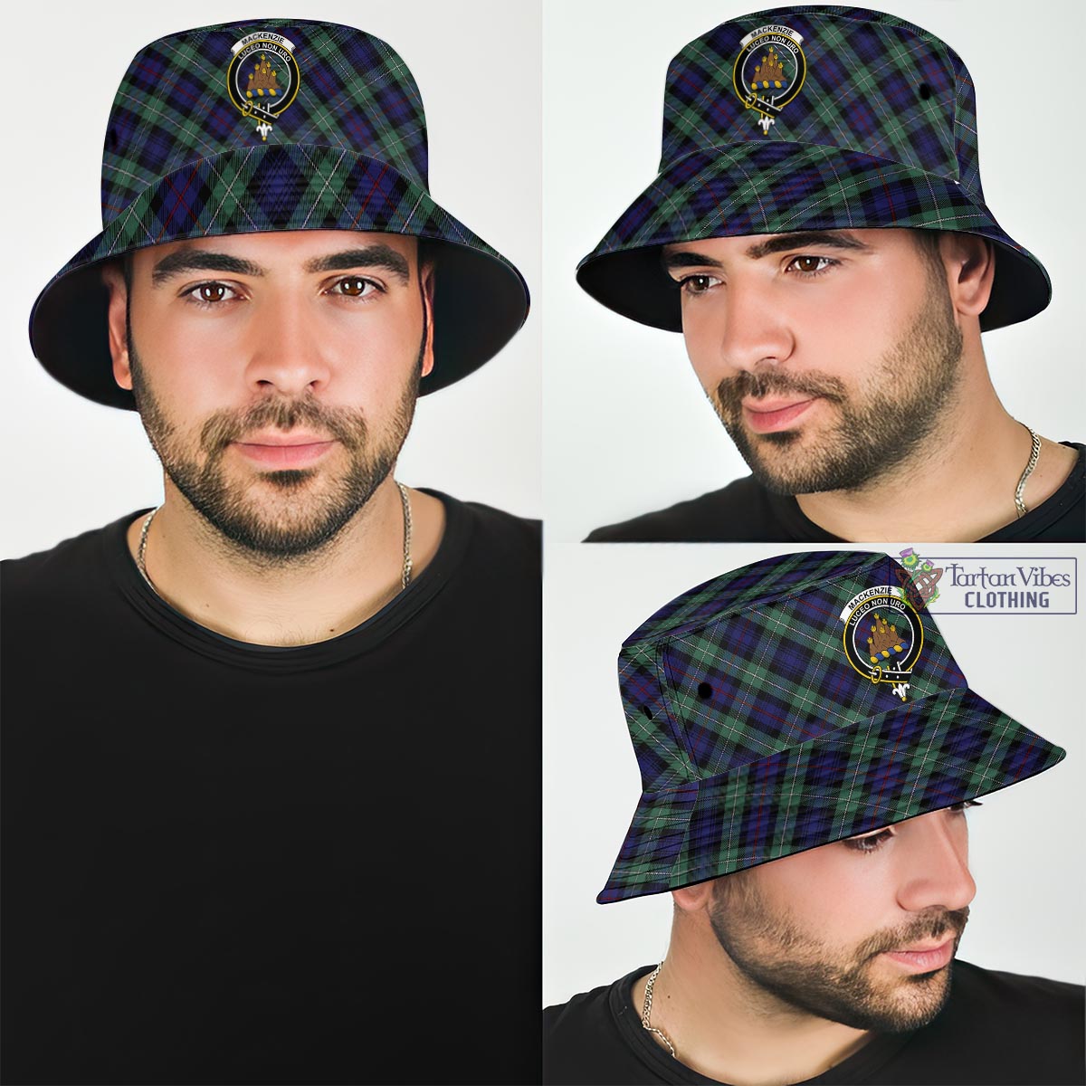 Tartan Vibes Clothing MacKenzie Hunting Green Tartan Bucket Hat with Family Crest