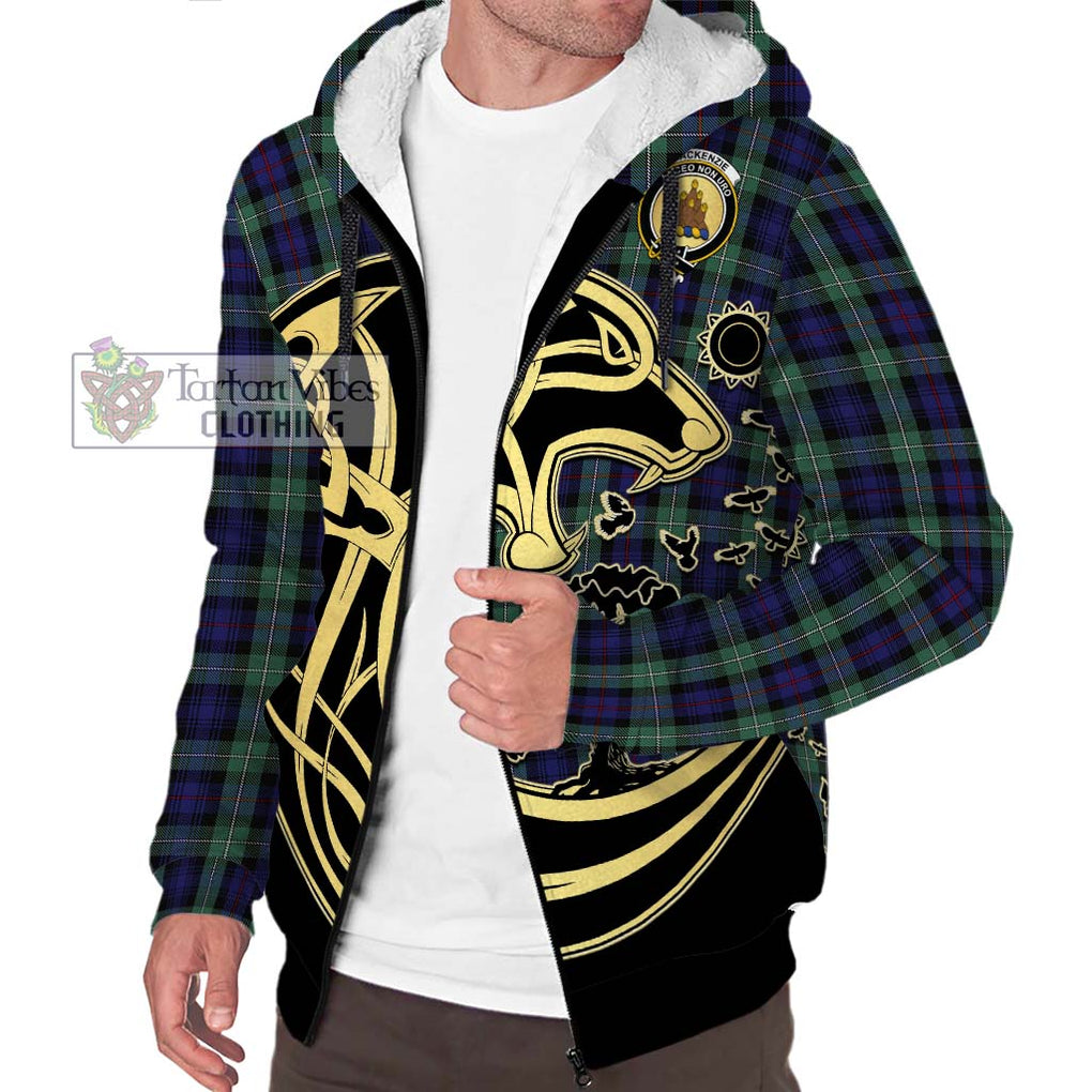 Mackenzie Hunting Green Tartan Sherpa Hoodie with Family Crest Celtic Wolf Style Unisex S - Tartan Vibes Clothing