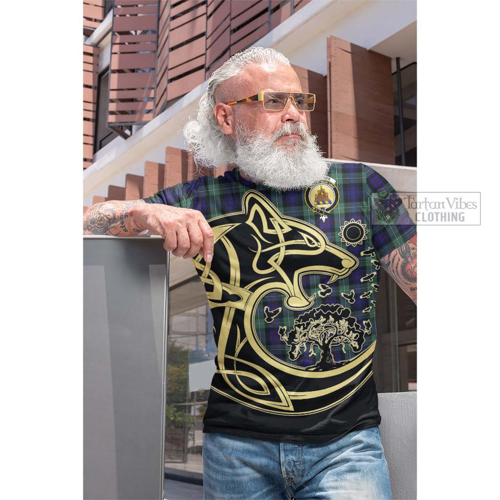 Tartan Vibes Clothing Mackenzie Hunting Green Tartan Cotton T-shirt with Family Crest Celtic Wolf Style