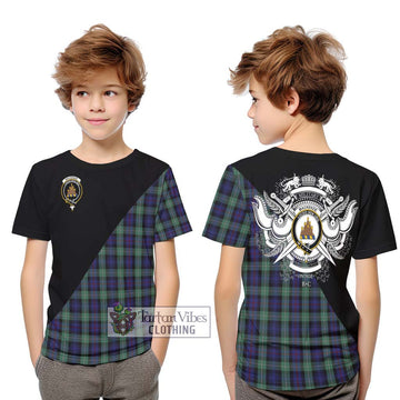 Mackenzie Hunting Green Tartan Kid T-Shirt with Family Crest and Military Logo Style