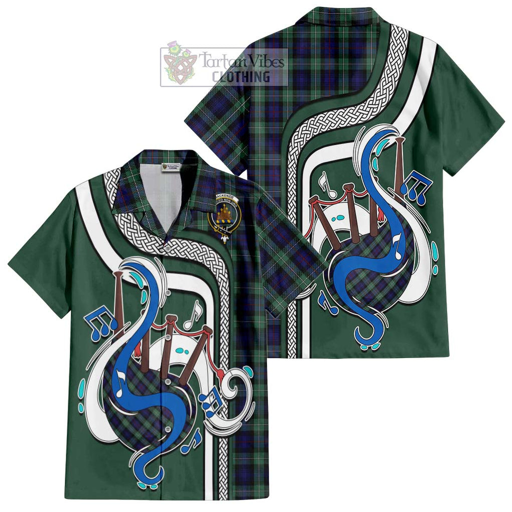 Mackenzie Hunting Green Tartan Short Sleeve Button Shirt with Epic Bagpipe Style Kid - Tartanvibesclothing Shop