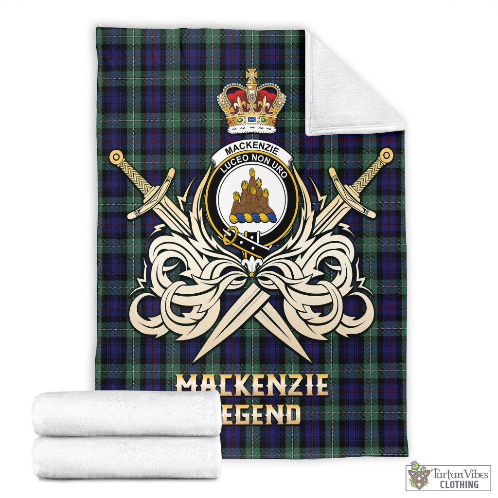 Tartan Vibes Clothing MacKenzie Hunting Green Tartan Blanket with Clan Crest and the Golden Sword of Courageous Legacy