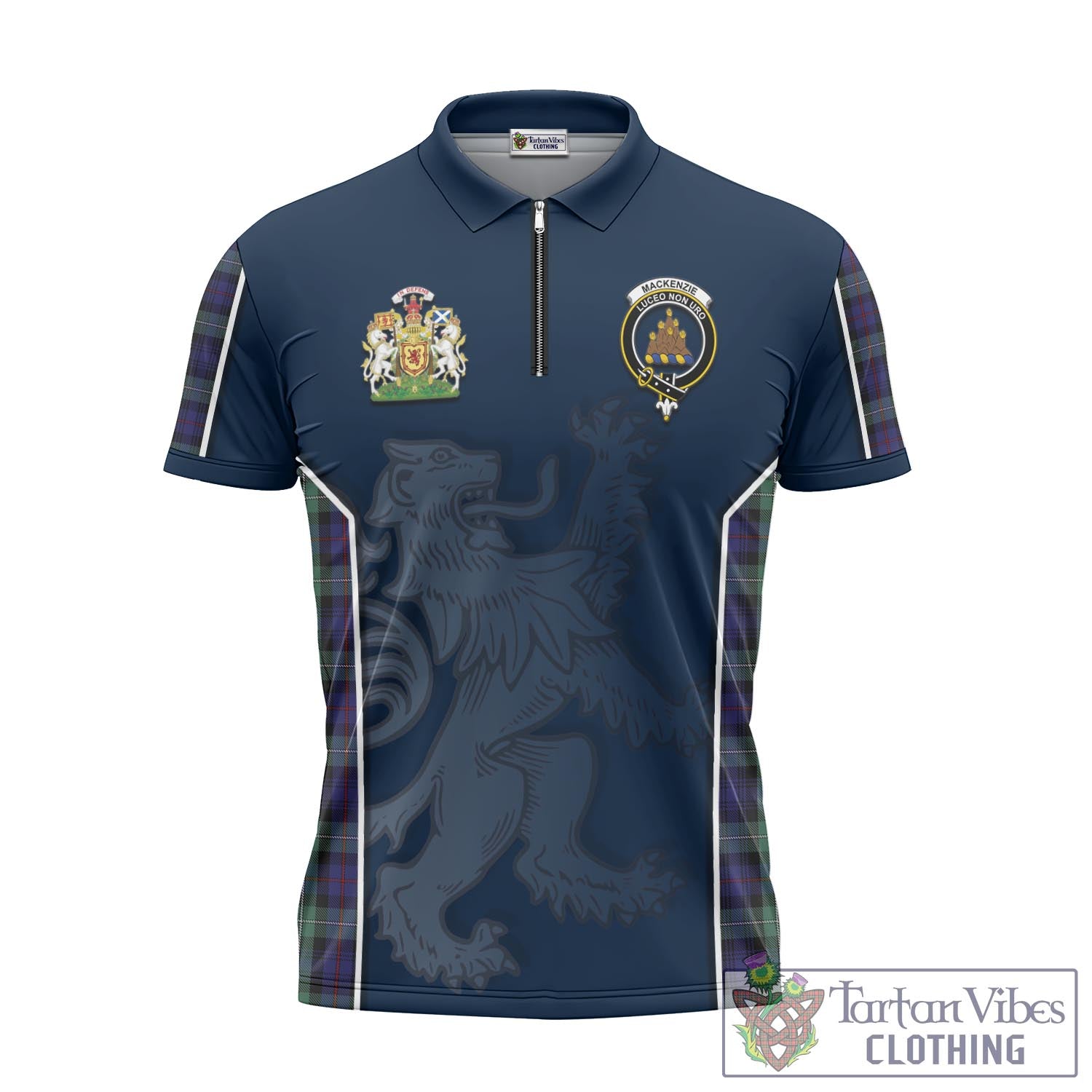 Tartan Vibes Clothing MacKenzie Hunting Green Tartan Zipper Polo Shirt with Family Crest and Lion Rampant Vibes Sport Style