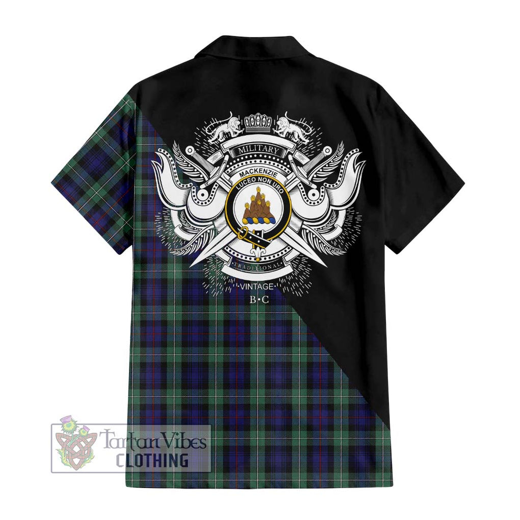 Mackenzie Hunting Green Tartan Short Sleeve Button Shirt with Family Crest and Military Logo Style - Tartanvibesclothing Shop