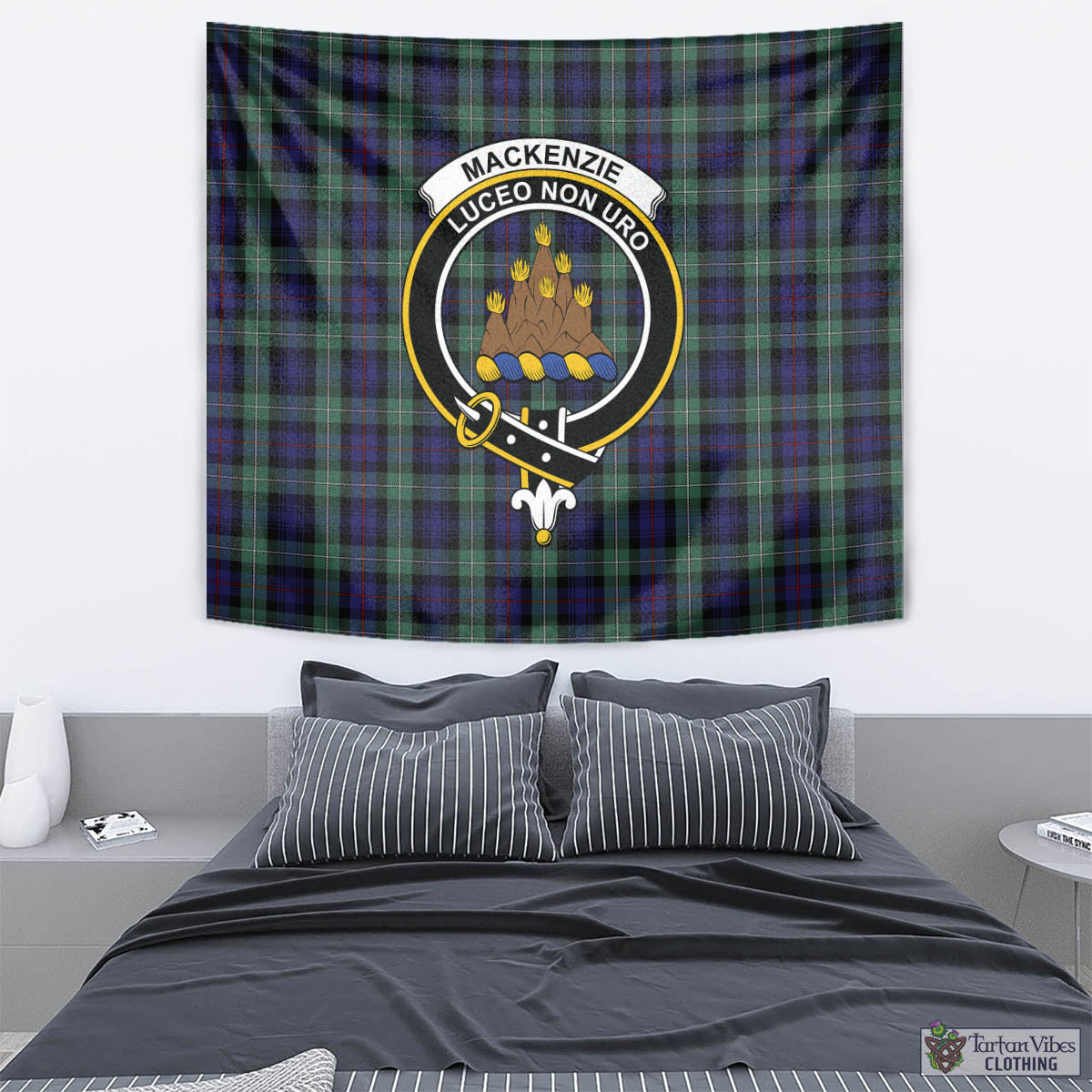 Tartan Vibes Clothing MacKenzie Hunting Green Tartan Tapestry Wall Hanging and Home Decor for Room with Family Crest