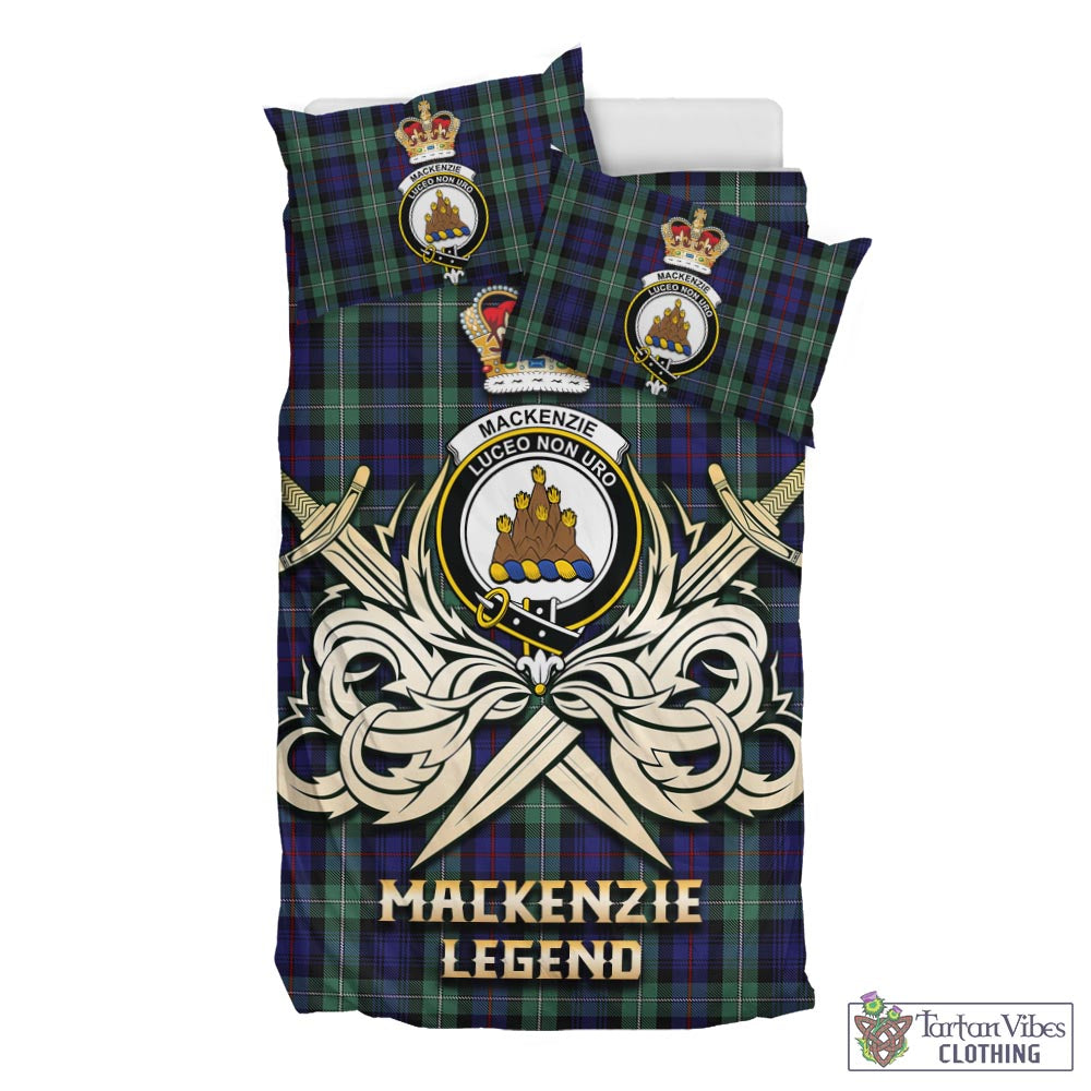 Tartan Vibes Clothing MacKenzie Hunting Green Tartan Bedding Set with Clan Crest and the Golden Sword of Courageous Legacy