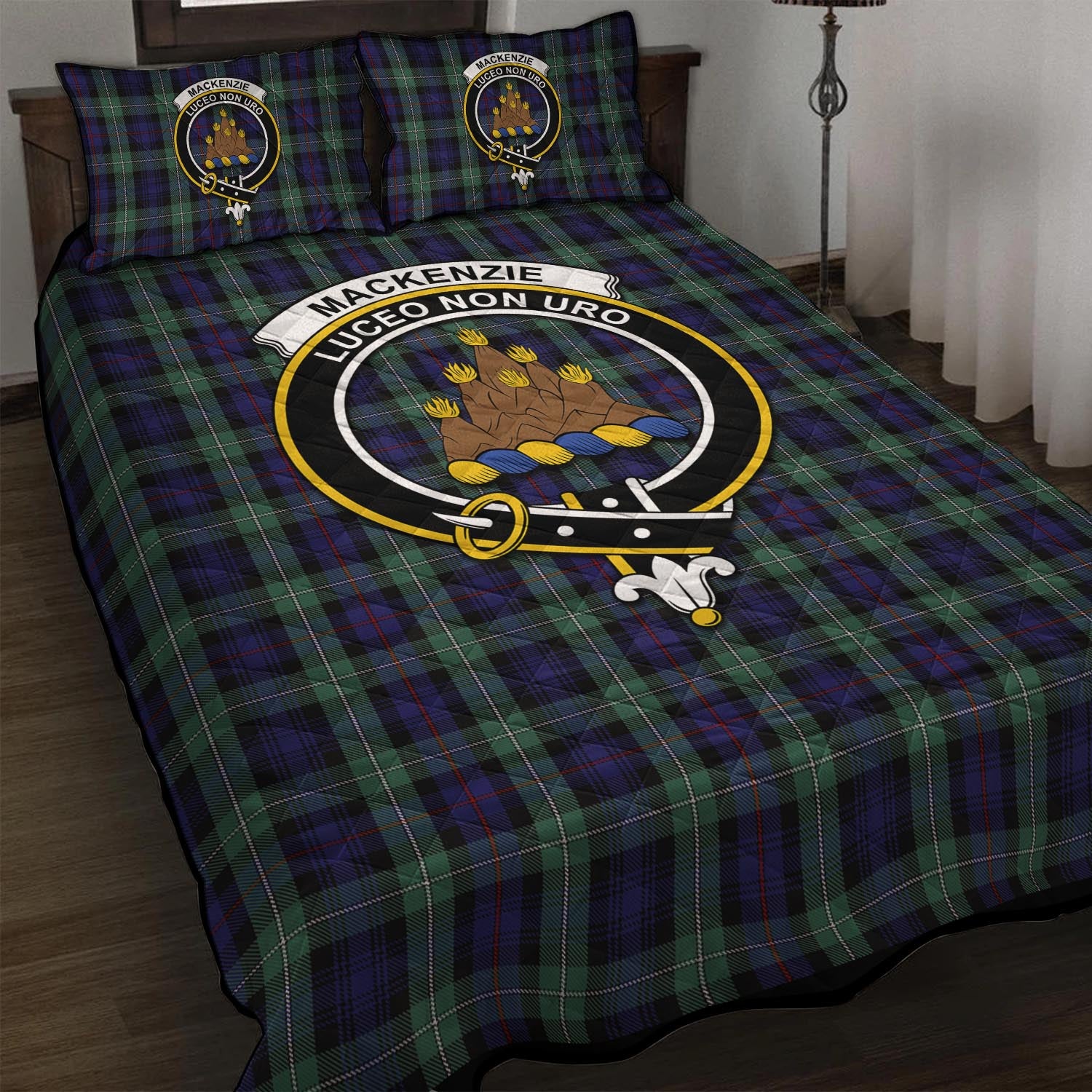 MacKenzie Hunting Green Tartan Quilt Bed Set with Family Crest - Tartan Vibes Clothing