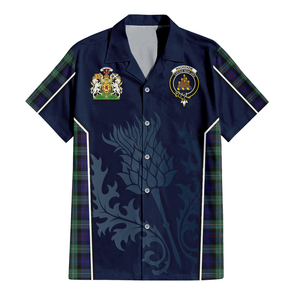 Tartan Vibes Clothing MacKenzie Hunting Green Tartan Short Sleeve Button Up Shirt with Family Crest and Scottish Thistle Vibes Sport Style