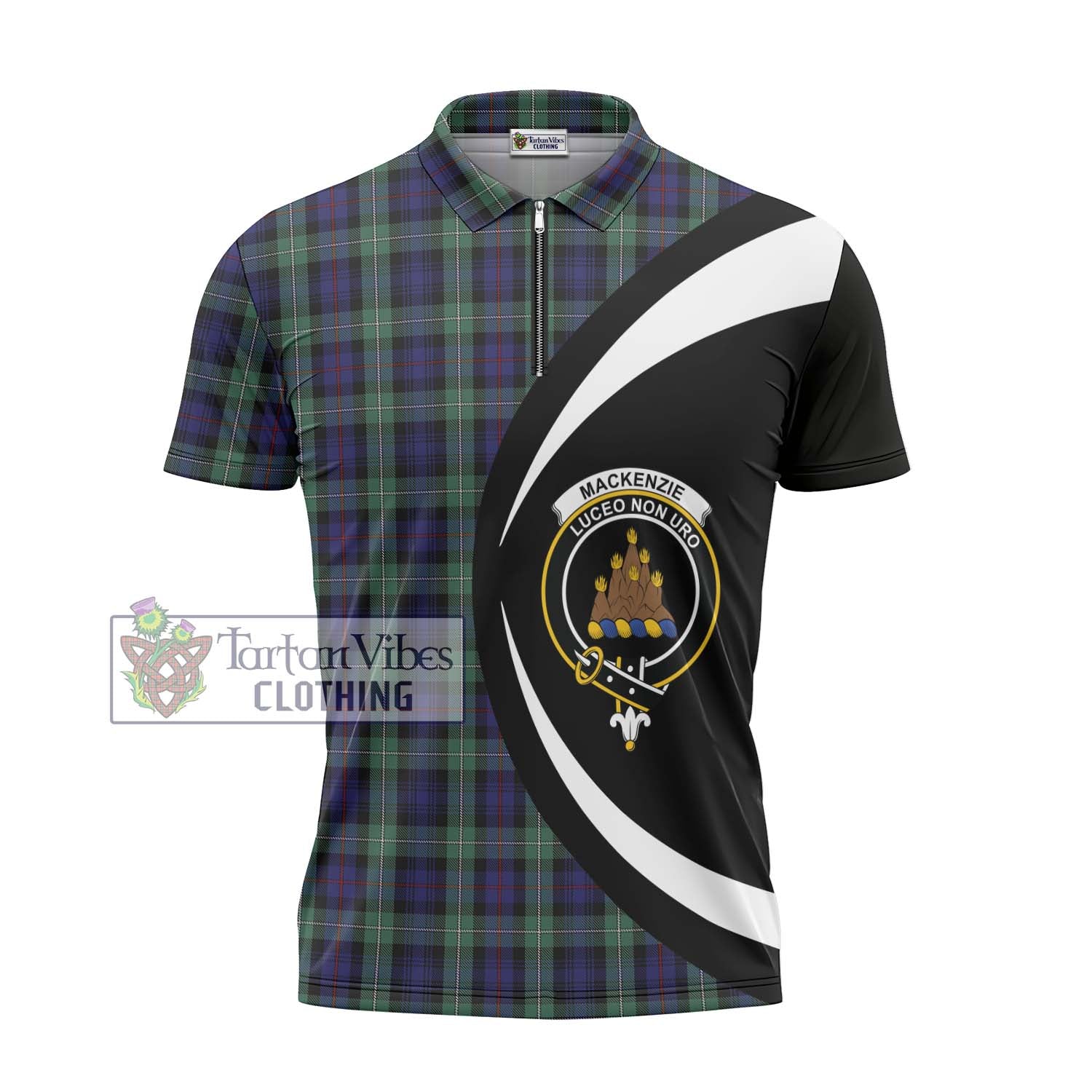 Tartan Vibes Clothing Mackenzie Hunting Green Tartan Zipper Polo Shirt with Family Crest Circle Style