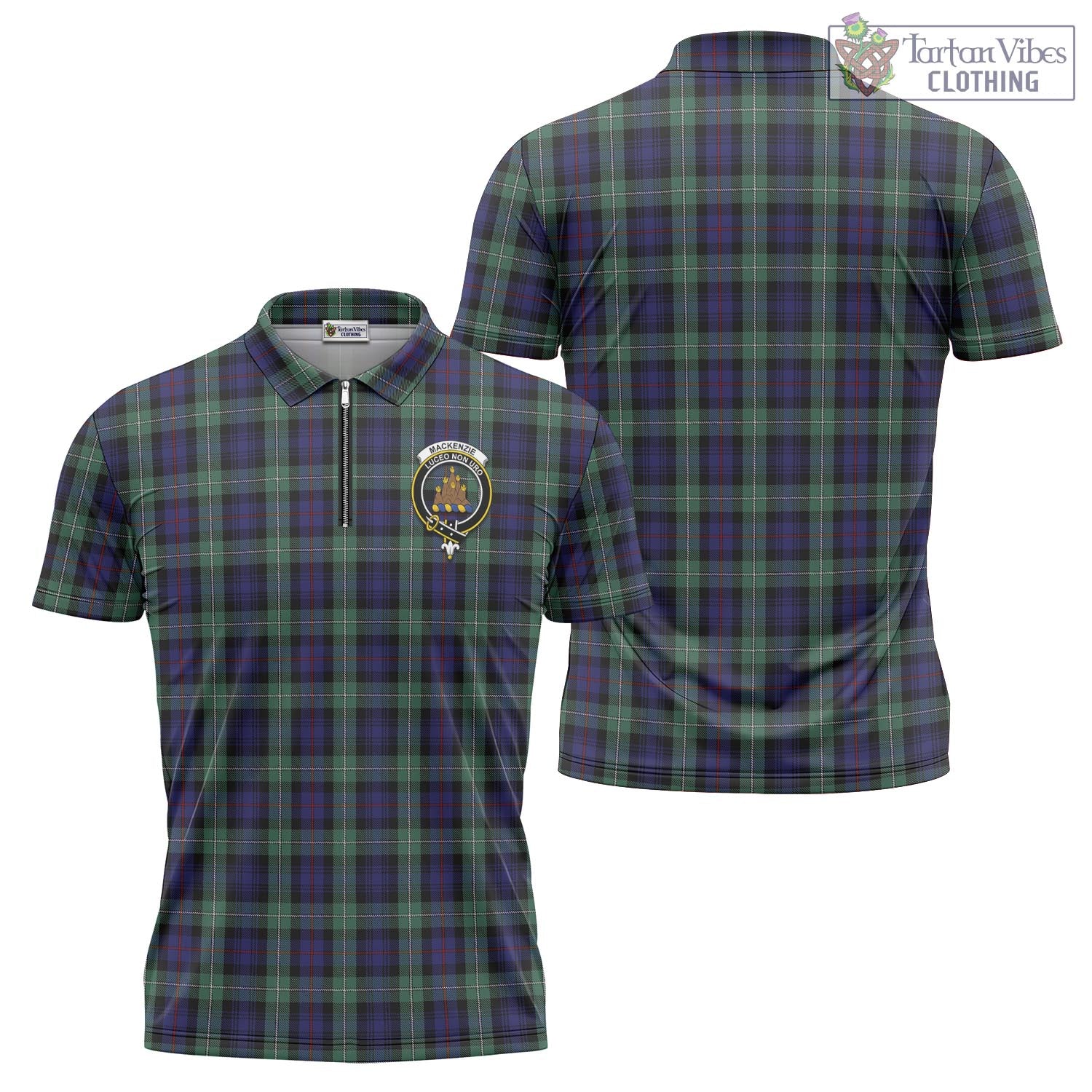 Tartan Vibes Clothing MacKenzie Hunting Green Tartan Zipper Polo Shirt with Family Crest