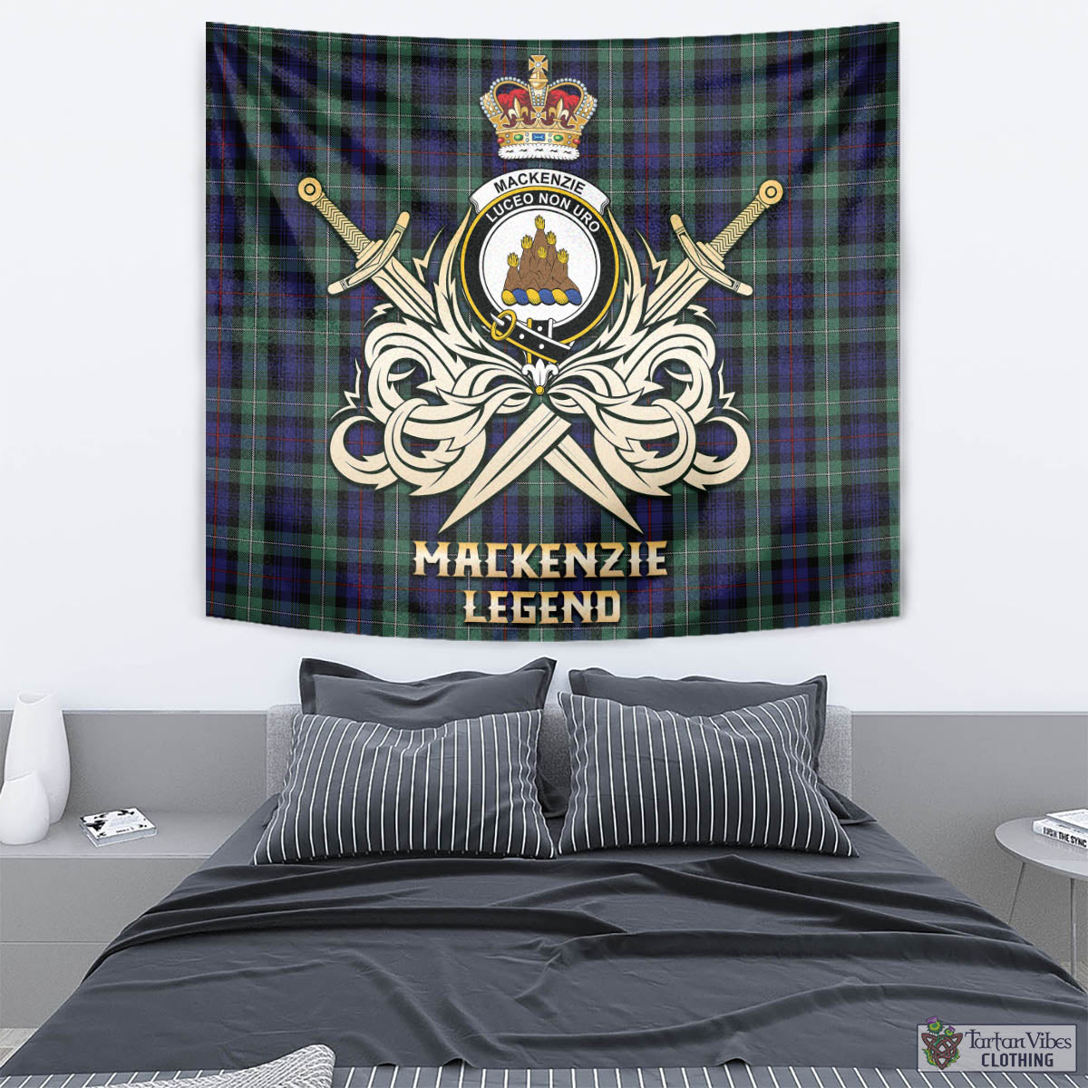 Tartan Vibes Clothing MacKenzie Hunting Green Tartan Tapestry with Clan Crest and the Golden Sword of Courageous Legacy