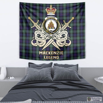 MacKenzie Hunting Green Tartan Tapestry with Clan Crest and the Golden Sword of Courageous Legacy