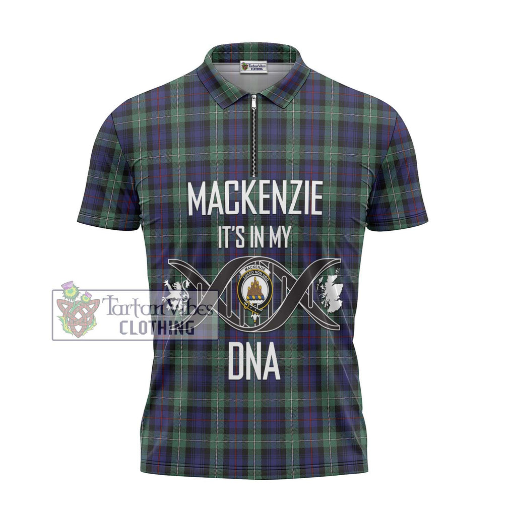 Mackenzie Hunting Green Tartan Zipper Polo Shirt with Family Crest DNA In Me Style - Tartanvibesclothing Shop