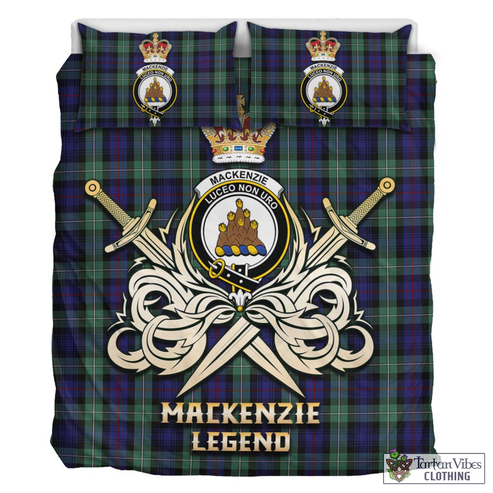 Tartan Vibes Clothing MacKenzie Hunting Green Tartan Bedding Set with Clan Crest and the Golden Sword of Courageous Legacy