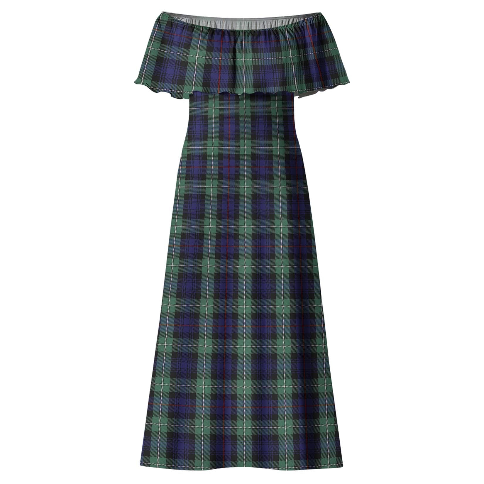 MacKenzie Hunting Green Tartan Off Shoulder Long Dress - Tartanvibesclothing