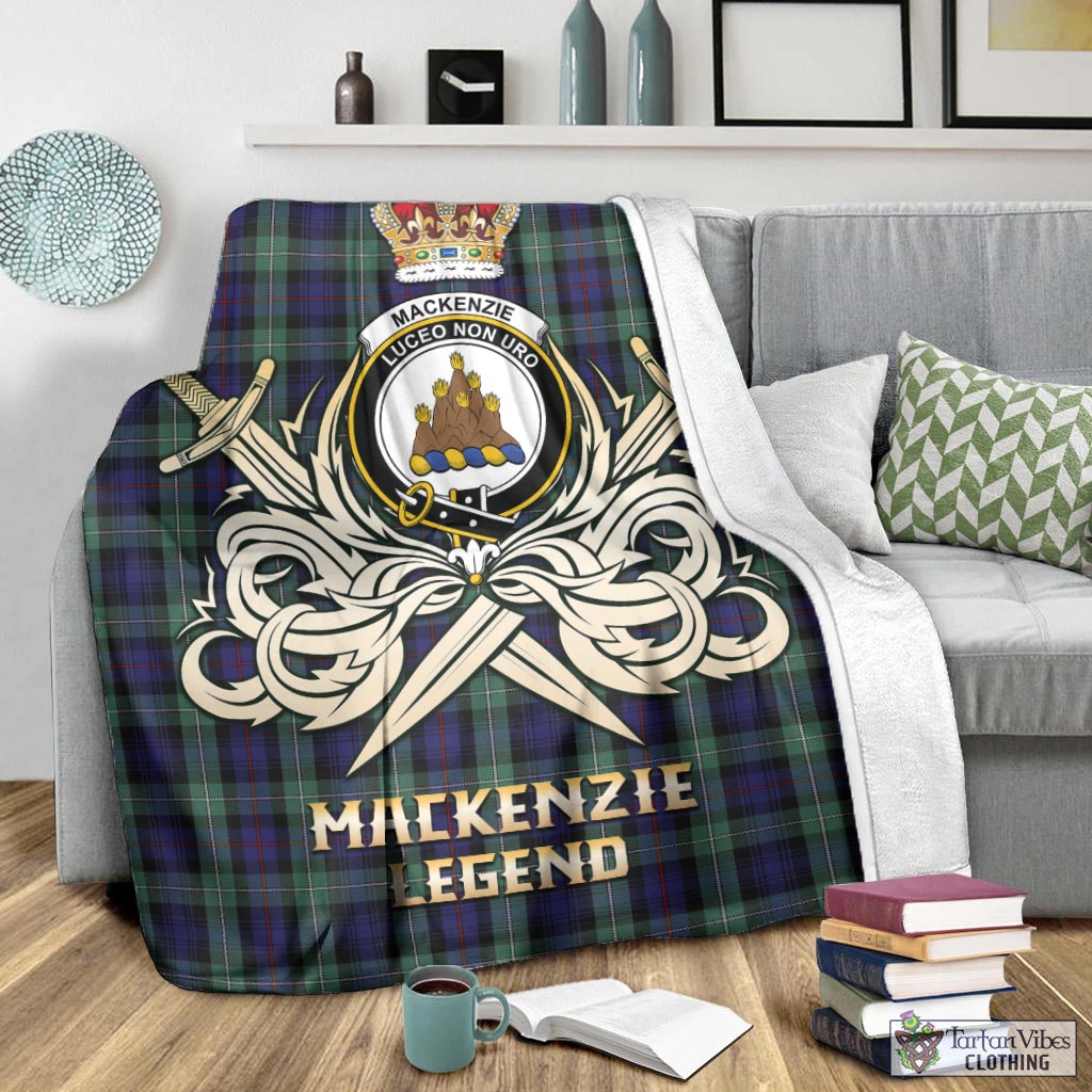 Tartan Vibes Clothing MacKenzie Hunting Green Tartan Blanket with Clan Crest and the Golden Sword of Courageous Legacy