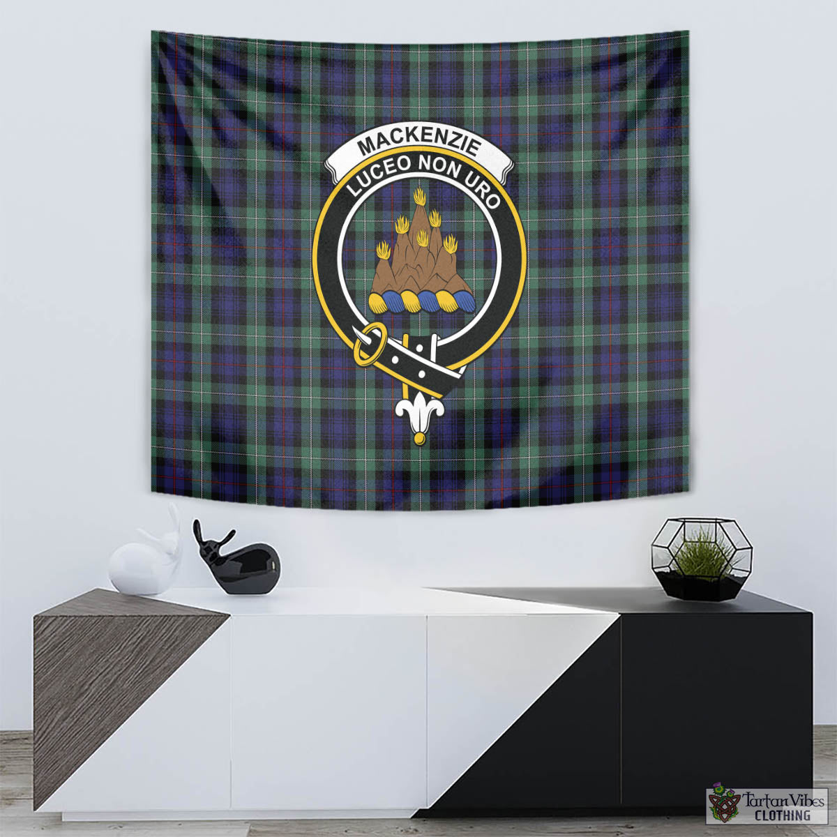 Tartan Vibes Clothing MacKenzie Hunting Green Tartan Tapestry Wall Hanging and Home Decor for Room with Family Crest