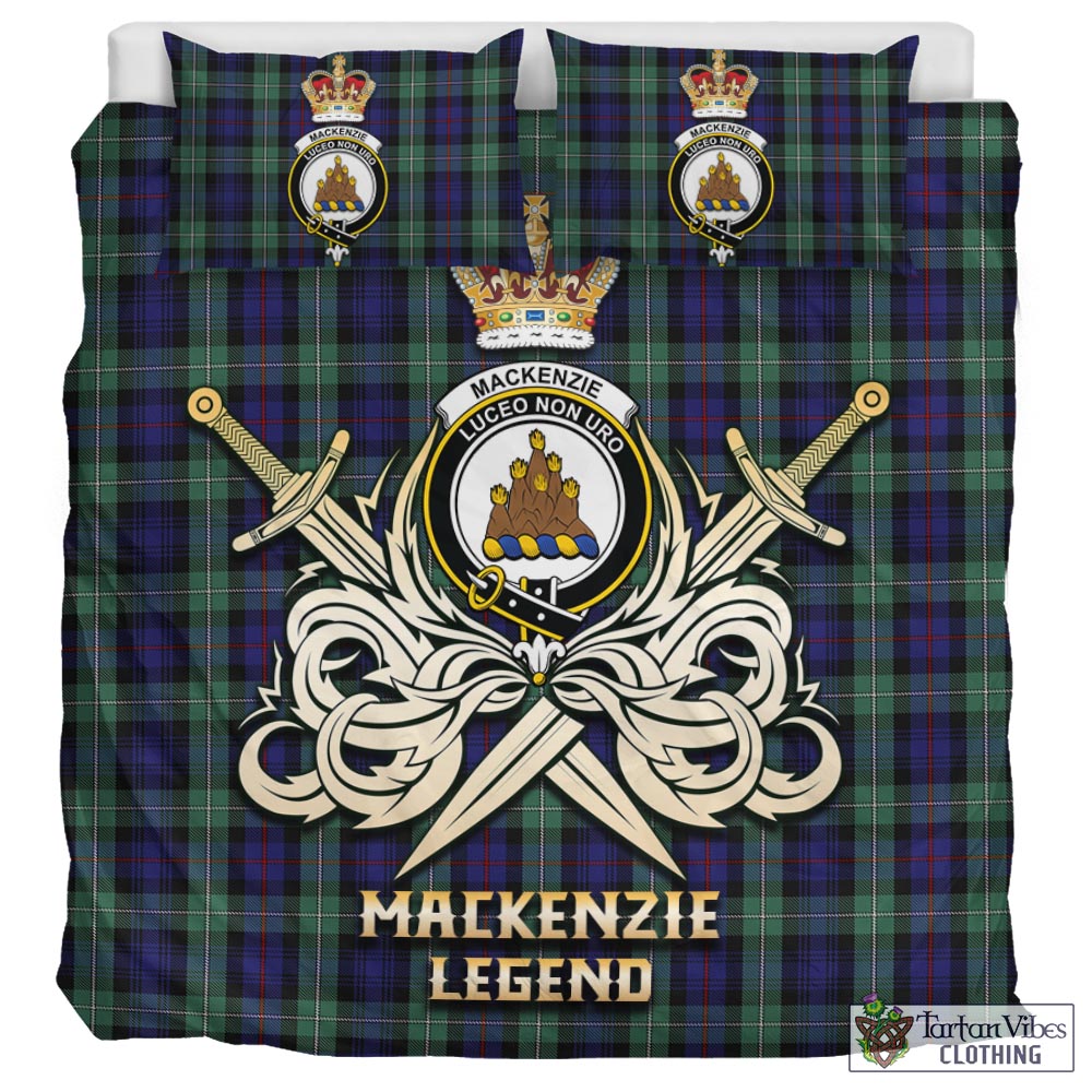 Tartan Vibes Clothing MacKenzie Hunting Green Tartan Bedding Set with Clan Crest and the Golden Sword of Courageous Legacy