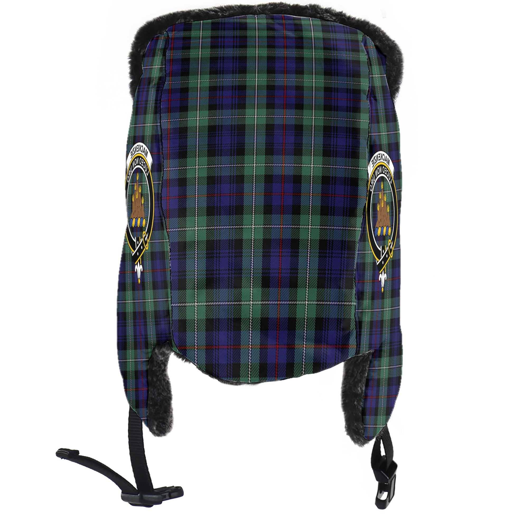 MacKenzie Hunting Green Tartan Winter Trapper Hat with Family Crest - Tartanvibesclothing