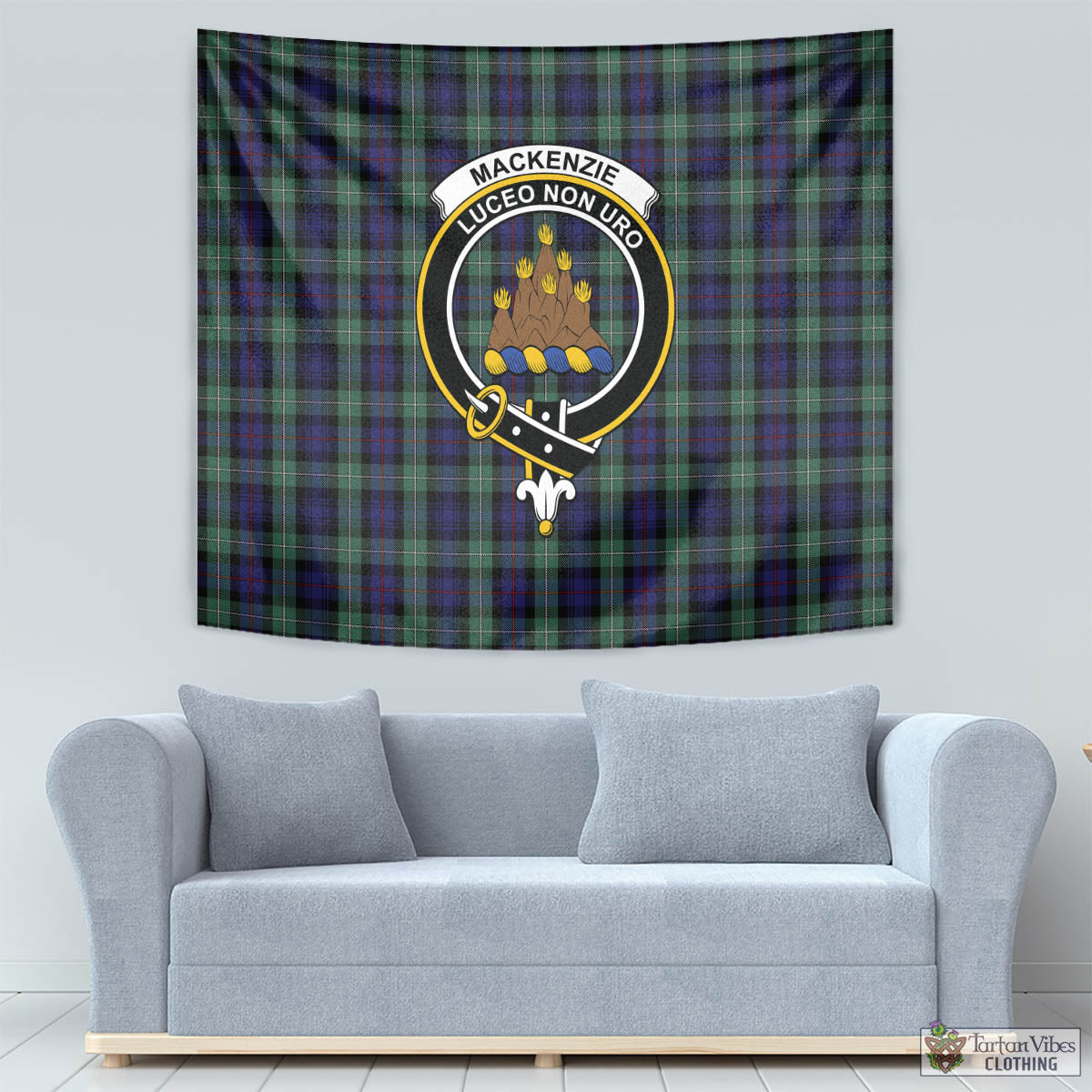 Tartan Vibes Clothing MacKenzie Hunting Green Tartan Tapestry Wall Hanging and Home Decor for Room with Family Crest