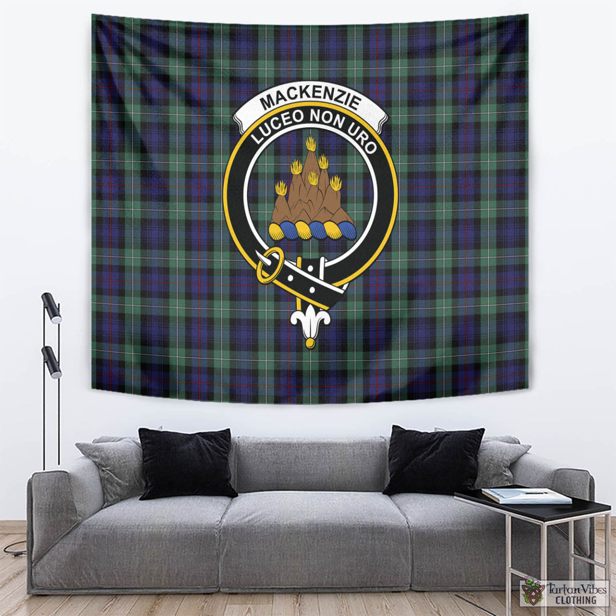 Tartan Vibes Clothing MacKenzie Hunting Green Tartan Tapestry Wall Hanging and Home Decor for Room with Family Crest