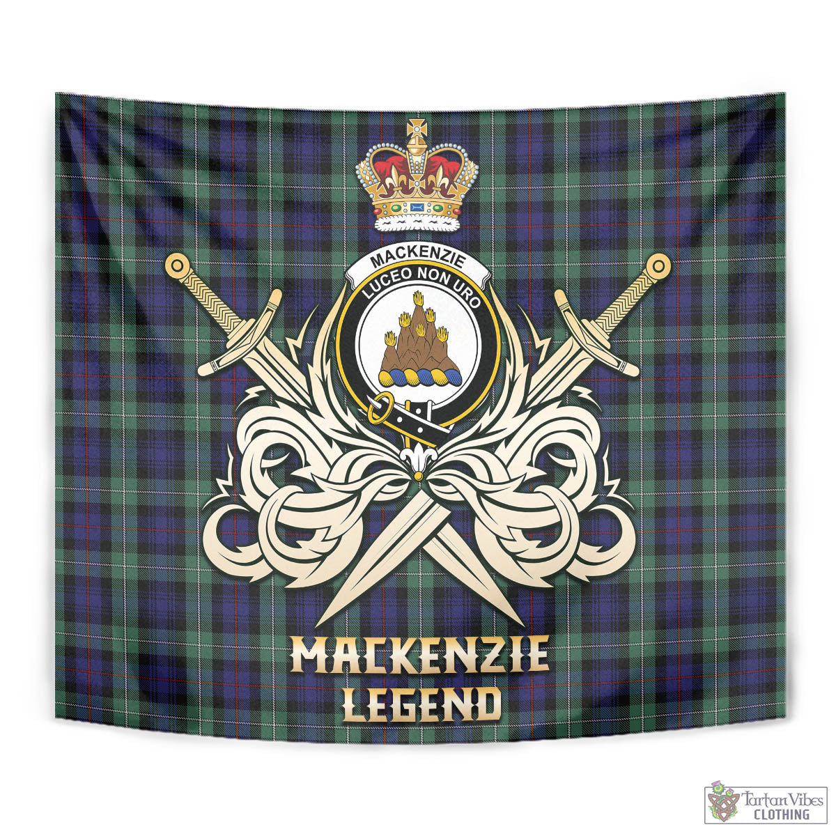 Tartan Vibes Clothing MacKenzie Hunting Green Tartan Tapestry with Clan Crest and the Golden Sword of Courageous Legacy