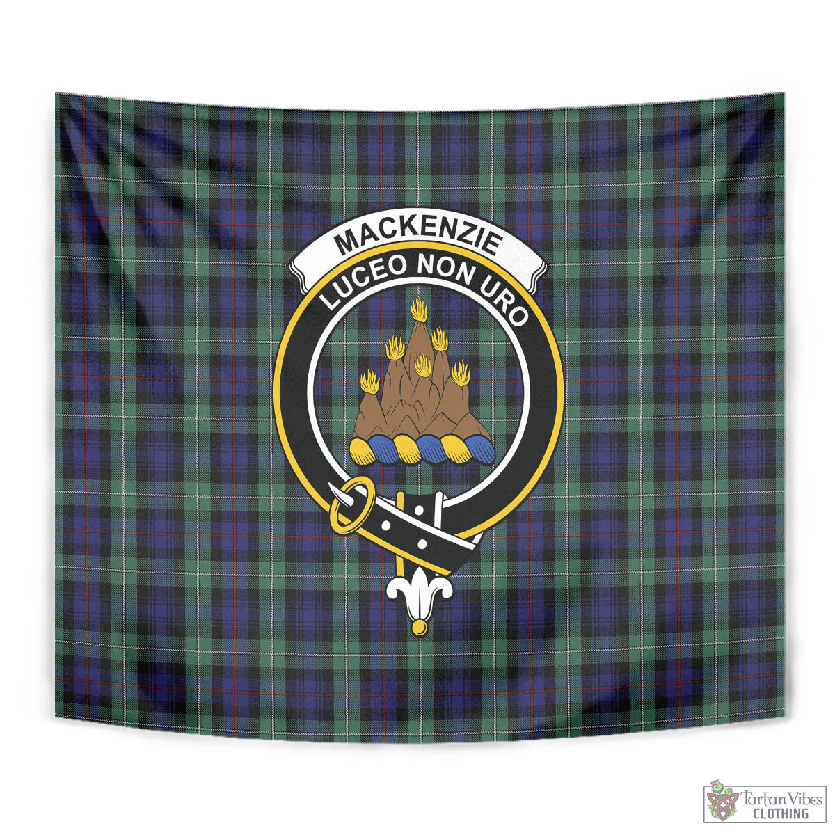 Tartan Vibes Clothing MacKenzie Hunting Green Tartan Tapestry Wall Hanging and Home Decor for Room with Family Crest