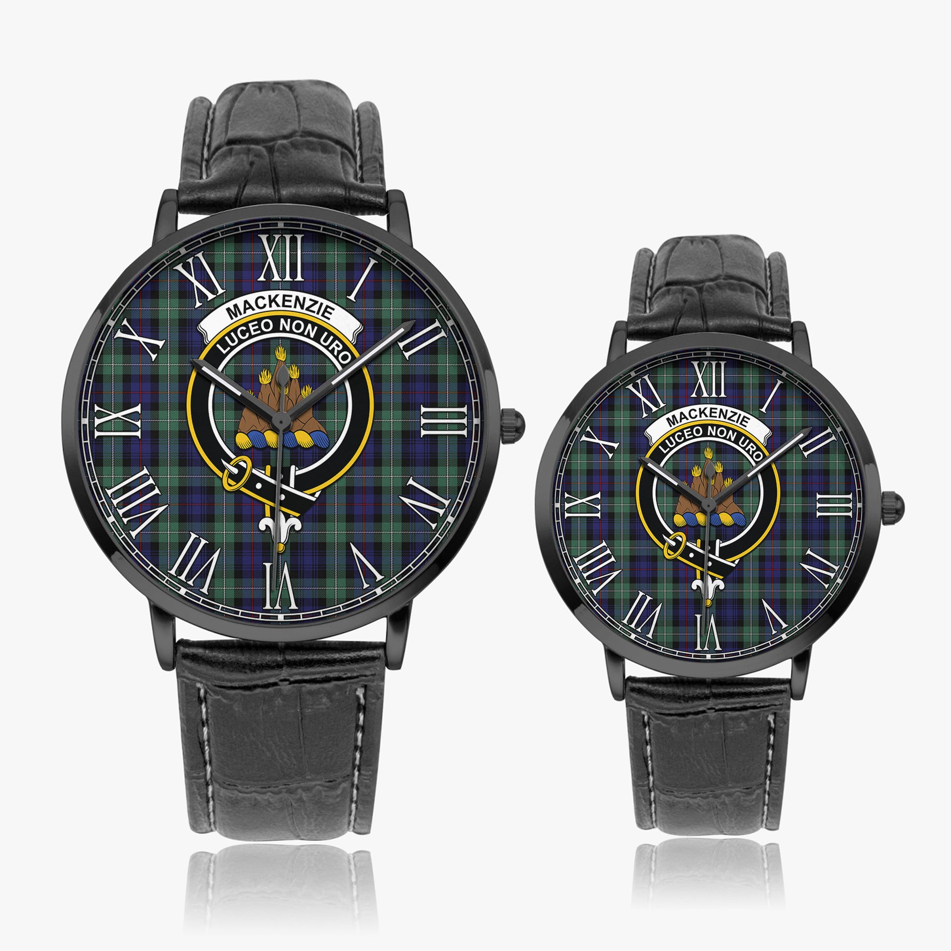 MacKenzie Hunting Green Tartan Family Crest Leather Strap Quartz Watch - Tartanvibesclothing