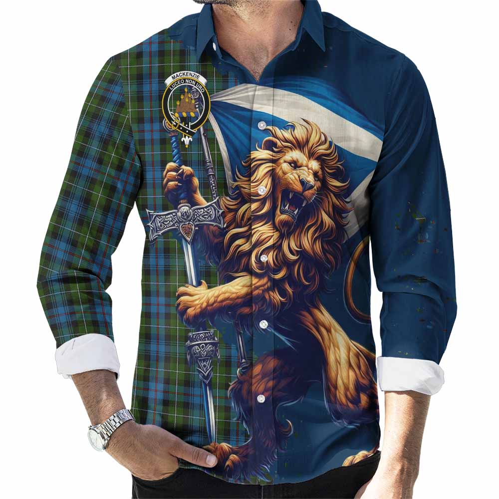 Tartan Vibes Clothing Mackenzie (Mckenzie) Tartan Family Crest Long Sleeve Button Shirt with Scottish Majestic Lion