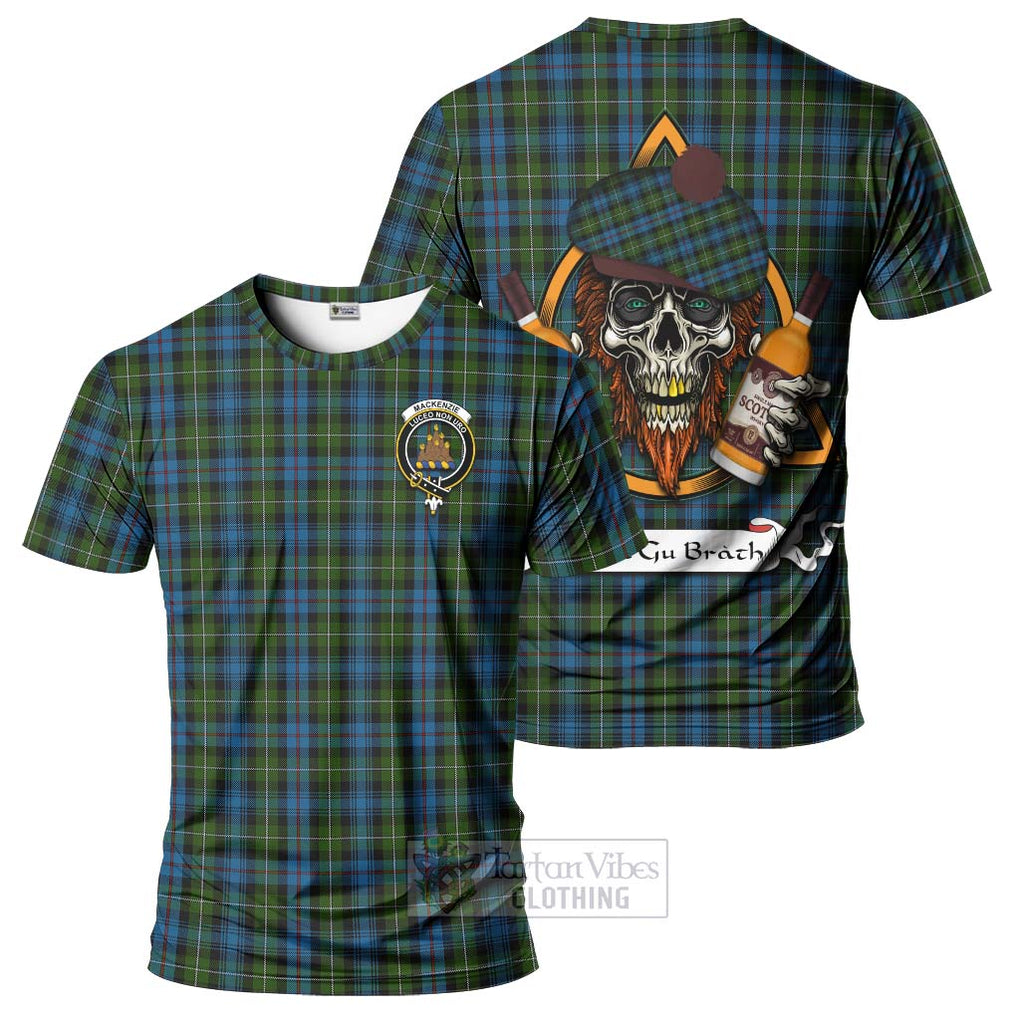 Tartan Vibes Clothing Mackenzie (Mckenzie) Tartan T-Shirt with Family Crest and Bearded Skull Holding Bottles of Whiskey