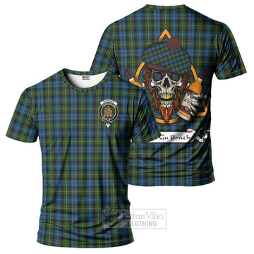 Mackenzie (Mckenzie) Tartan T-Shirt with Family Crest and Bearded Skull Holding Bottles of Whiskey