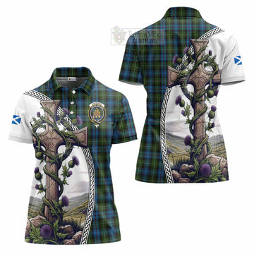 Mackenzie (Mckenzie) Tartan Women's Polo Shirt with Family Crest and St. Andrew's Cross Accented by Thistle Vines