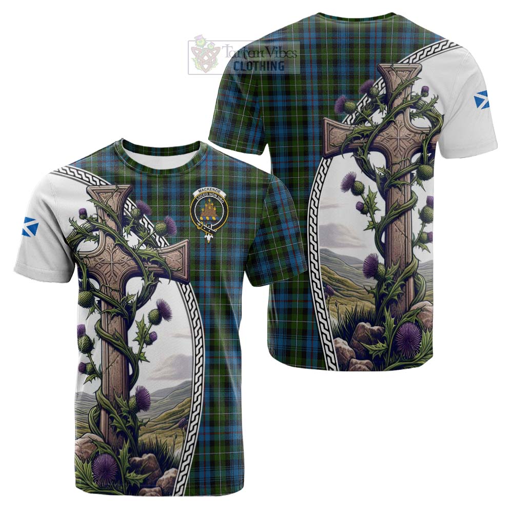 Tartan Vibes Clothing Mackenzie (Mckenzie) Tartan Cotton T-shirt with Family Crest and St. Andrew's Cross Accented by Thistle Vines