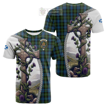 Mackenzie (Mckenzie) Tartan Cotton T-shirt with Family Crest and St. Andrew's Cross Accented by Thistle Vines