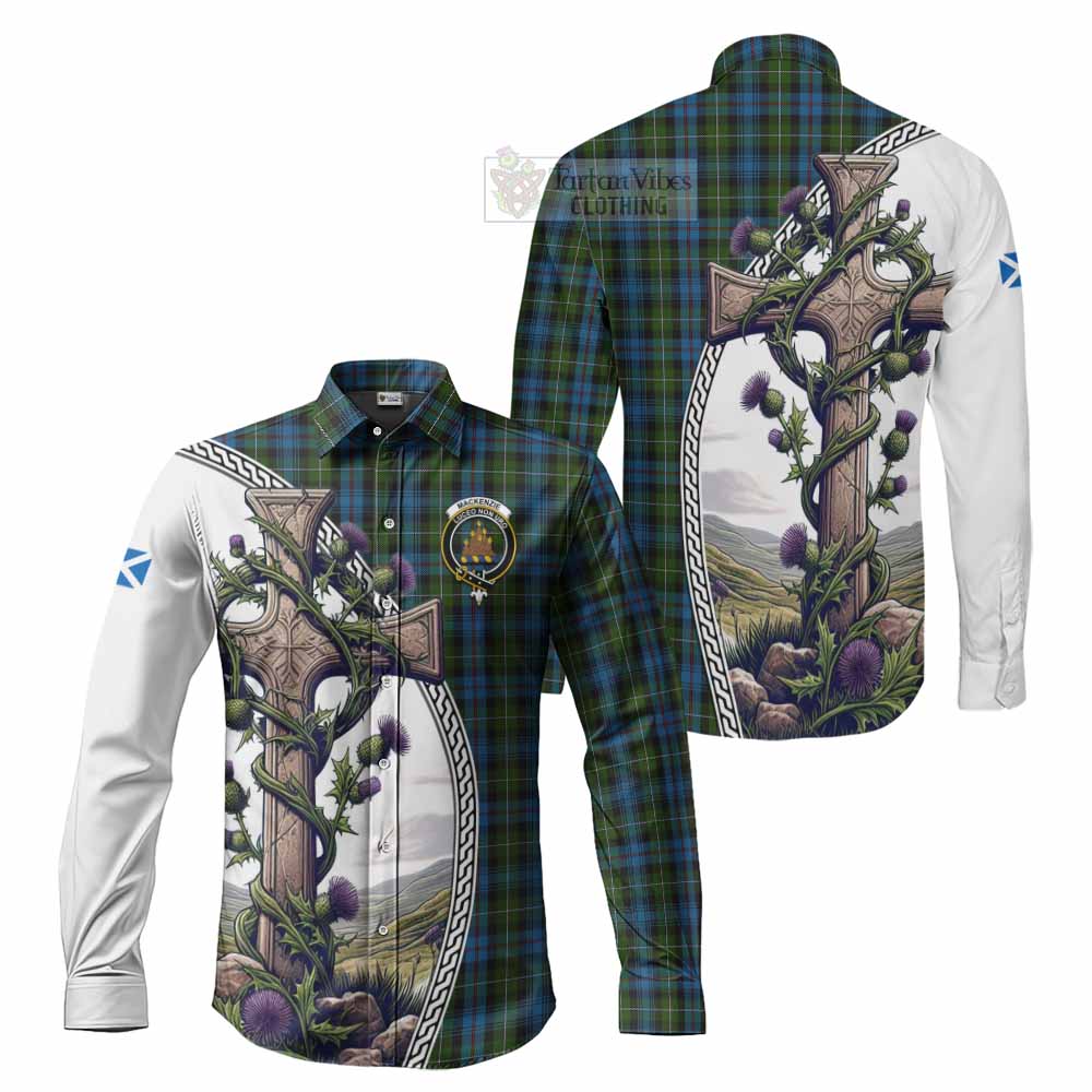 Tartan Vibes Clothing Mackenzie (Mckenzie) Tartan Long Sleeve Button Shirt with Family Crest and St. Andrew's Cross Accented by Thistle Vines