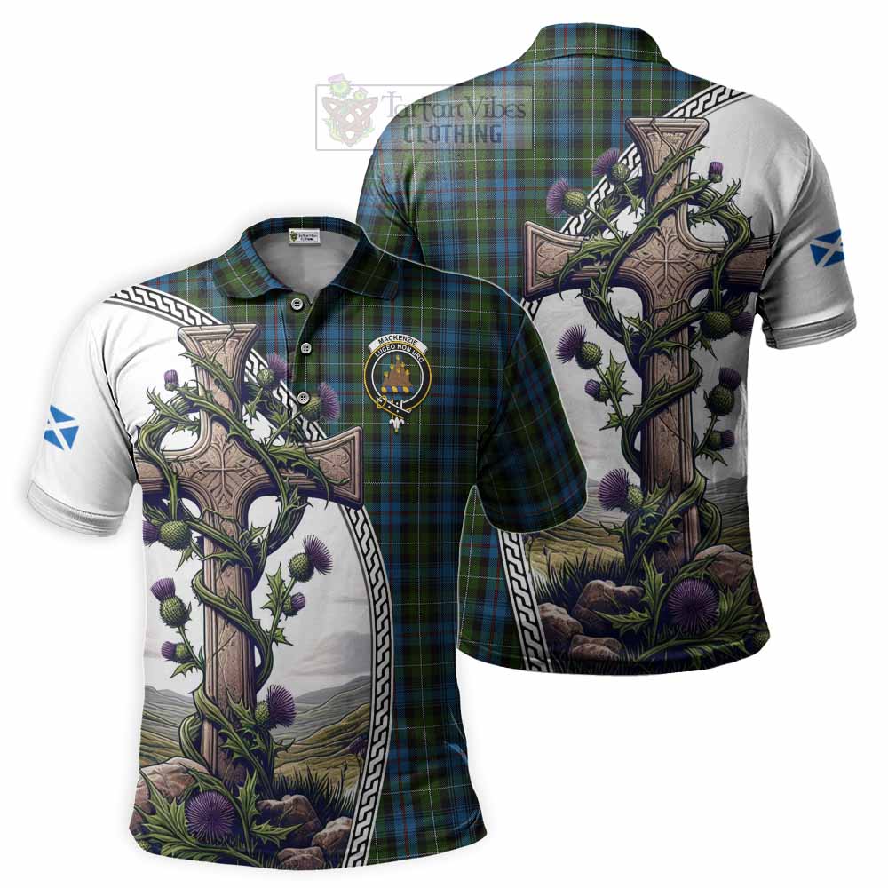 Tartan Vibes Clothing Mackenzie (Mckenzie) Tartan Polo Shirt with Family Crest and St. Andrew's Cross Accented by Thistle Vines