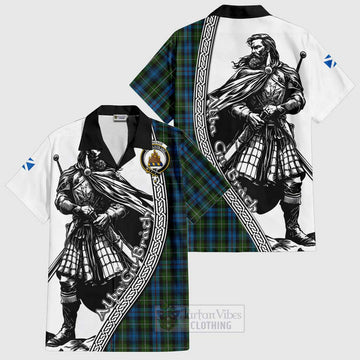 Mackenzie (Mckenzie) Tartan Clan Crest Short Sleeve Button Shirt with Highlander Warrior Celtic Style