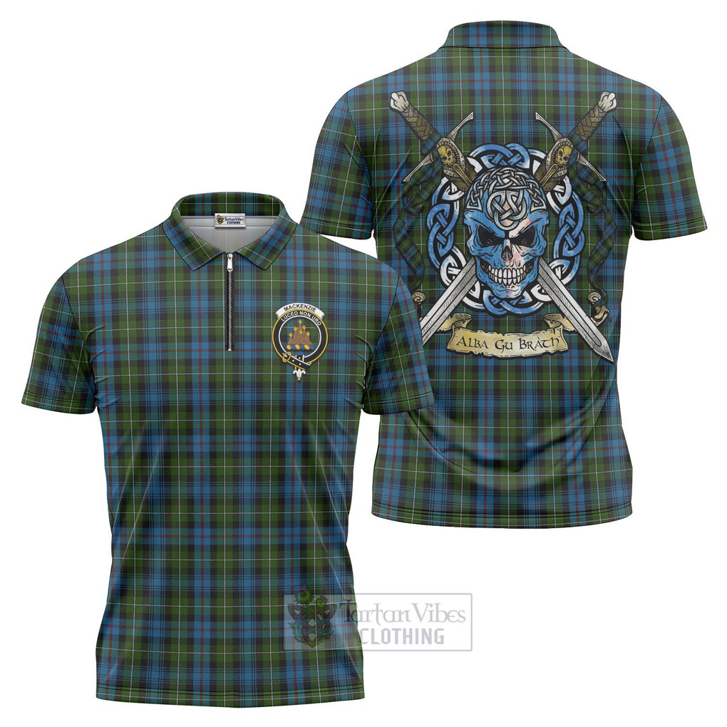 Tartan Vibes Clothing Mackenzie (Mckenzie) Tartan Zipper Polo Shirt with Family Crest Celtic Skull Style