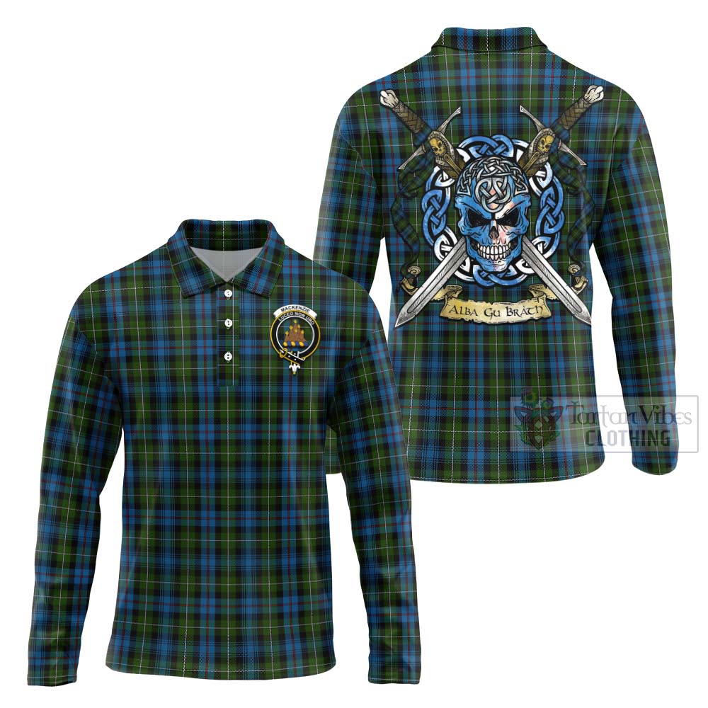 Tartan Vibes Clothing Mackenzie (Mckenzie) Tartan Long Sleeve Polo Shirt with Family Crest Celtic Skull Style