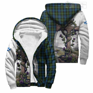 Mackenzie (Mckenzie) Tartan Sherpa Hoodie with Family Crest and St. Andrew's Cross Accented by Thistle Vines